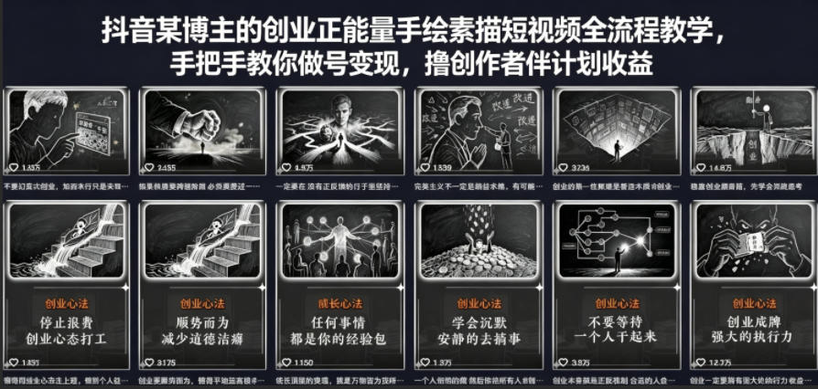抖音某博主的创业正能量手绘素描短视频全流程教学，手把手教你做号变现，撸创作者伙伴计划收益玩法，新手可做 - 网创303-全网优质网创项目教程资源站-网创303-全网优质网创项目教程资源站