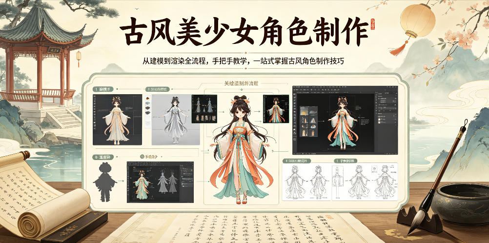 古风美少女角色制作，从建模到渲染全流程，手把手教学，一站式掌握古风角色制作技巧玩法，新手可做 - 网创303-全网优质网创项目教程资源站-网创303-全网优质网创项目教程资源站