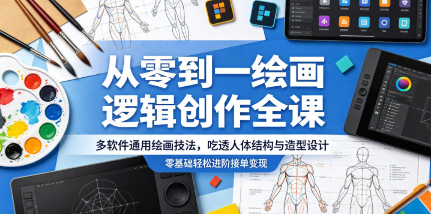 从零到一绘画逻辑创作全课，多软件通用绘画技法，吃透人体结构与造型设计，零基础轻松进阶接单变现玩法 - 网创303-全网优质网创项目教程资源站-网创303-全网优质网创项目教程资源站